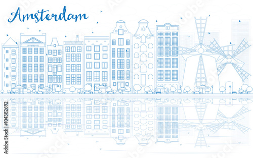 Outline Amsterdam skyline with blue buildings and reflections.