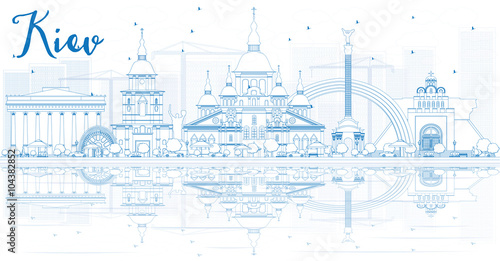 Outline Kiev skyline with blue buildings and reflections.