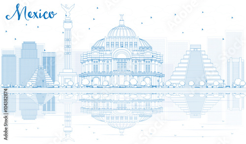 Outline Mexico skyline with blue buildings and reflections.