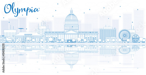 Outline Olympia skyline with blue buildings and reflections.