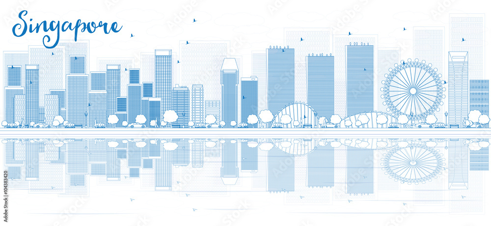 Outline Singapore skyline with blue buildings and reflections.