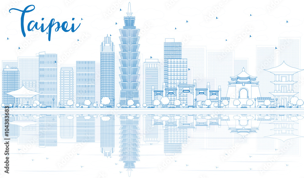 Obraz premium Zarysuj panoramę Tajpej z niebieskimi budynkami i odbiciami.