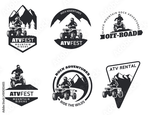 Set of ATV emblems, badges and icons. All-terrain vehicle vector.