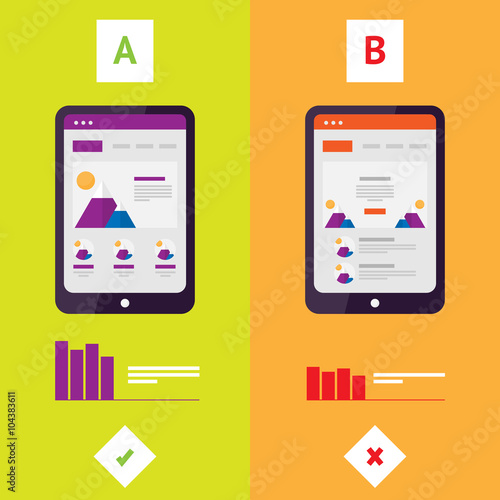 Flat AB Split Testing. Vector illustration. Results comparing two web site pages, graphics. Wireframe of mobile site on your tablet.