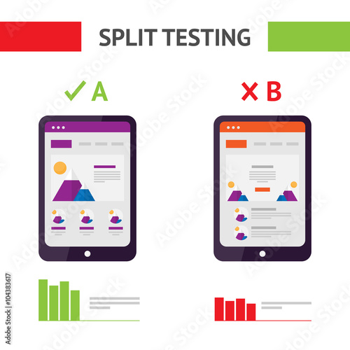 Flat AB Split Testing. Isolated vector illustration. Results comparing two web site pages, graphics. Wireframe of mobile site on your tablet.