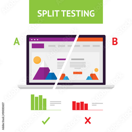 Flat AB Split Testing. Isolated vector illustration. Results comparing two web site pages, graphics. Wireframes of mobile site on your laptop.