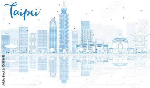 Outline Taipei skyline with blue buildings and reflections.