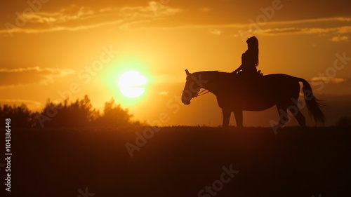 Young woman riding horse into bright sunset. Beautiful Young woman riding horse into amazing sunset