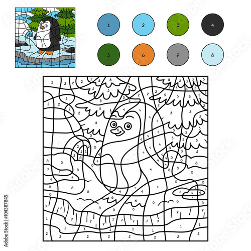 Color by number for children (penguin and background)