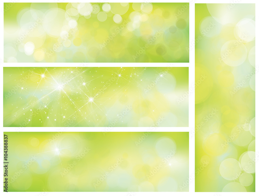 Vector green banners, lights and stars bokeh backgrounds. Vector green banners, lights and stars bokeh backgrounds.