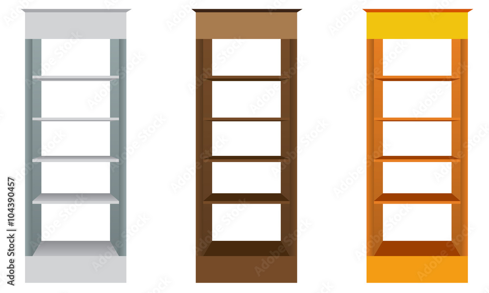 White Blank Empty Showcase Displays With Retail Shelves. White Blank Empty Showcase Displays With Retail Shelves.