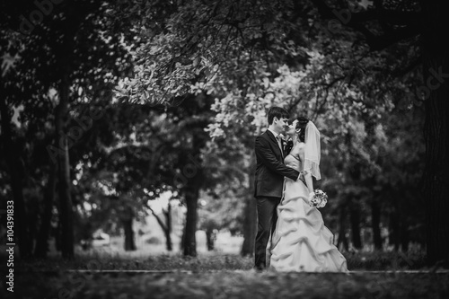 Black white photography beautiful young couple stand on background forest