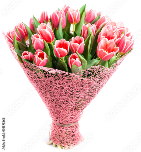 Fototapeta Naklejka Na Ścianę i Meble -  bouquet of pink tulips in a package, isolated on white backgroun