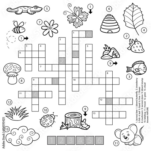 Vector black and white crossword for children about nature