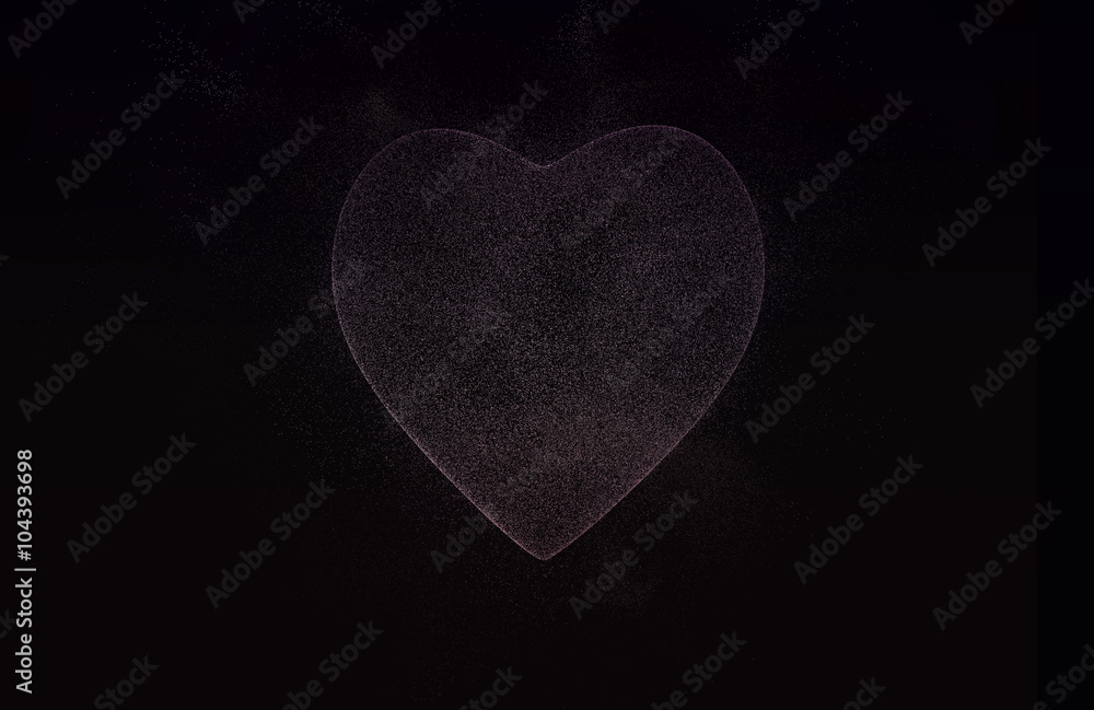 Heart made from particles isolated on black background with copyspace. (Elegant / Luxurious love concept.)