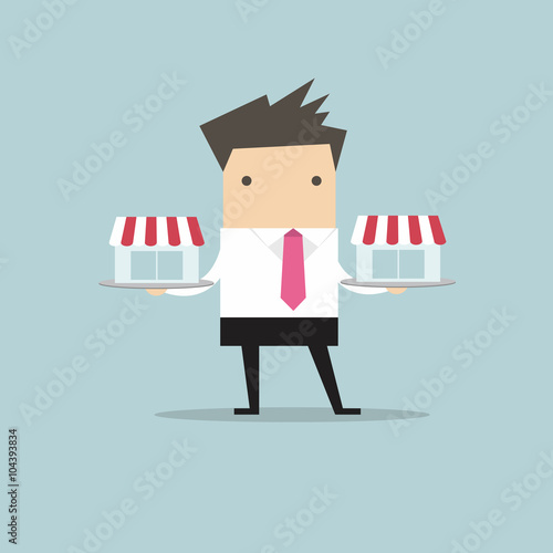 Businessman with franchis shop on tray, franchise concept. vector. flat design