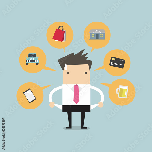 Businessman with no money for spending, vector illustration.