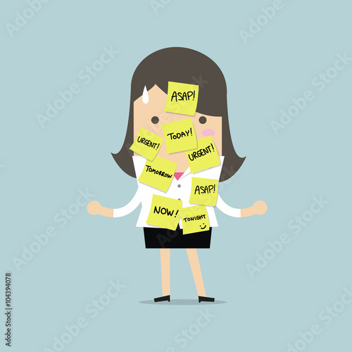 Businesswoman with a lot of short note for urgent work