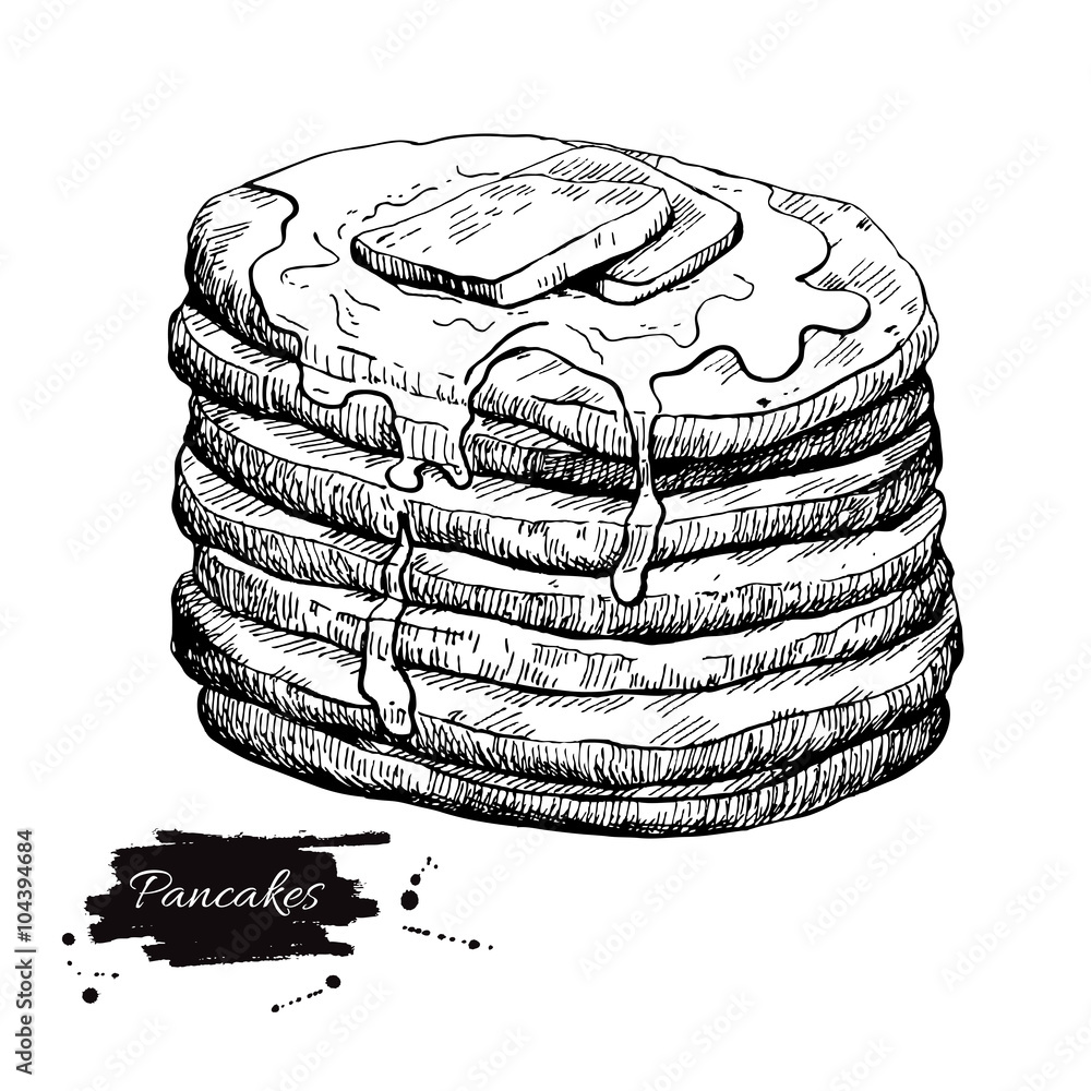 Vector vintage pancake drawing. Hand drawn monochrome food illus Stock