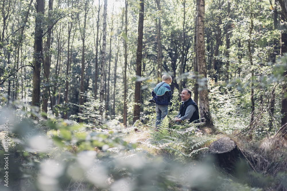 Germany, Saxony, smiling man with boy in the woods Germany, Saxony, smiling man with boy in the woods