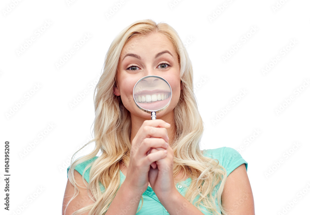 happy young woman with magnifying glass happy young woman with magnifying glass