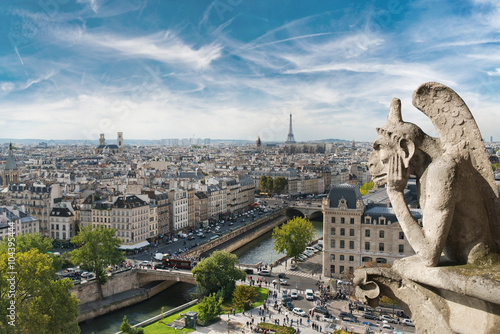 Gargoyle and wide city view from the roof of Notre Dame de Paris