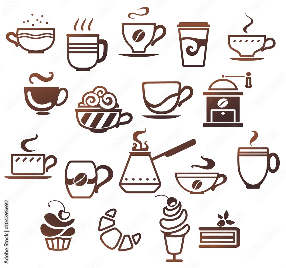 Coffee and tea cups set. Vector icons collection Coffee and tea cups set. Vector icons collection