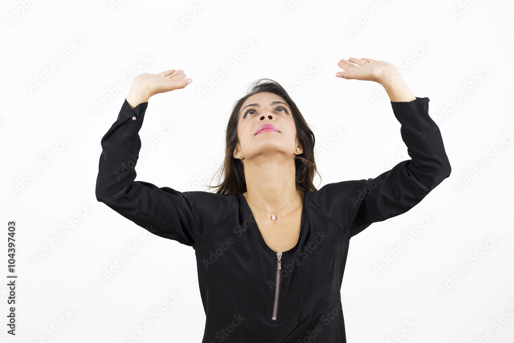 Attractive Smiling Woman showing empty open space Attractive Smiling Woman showing empty open space