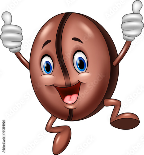 Illustration of jumping Coffee bean mascot giving thumb up