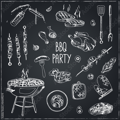 Vector hand drawn set with barbecue tools.