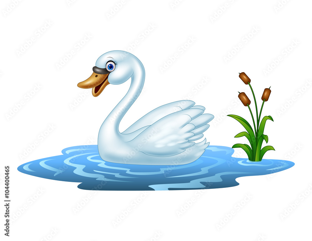 Naklejka premium Cartoon beauty swan floats on water 