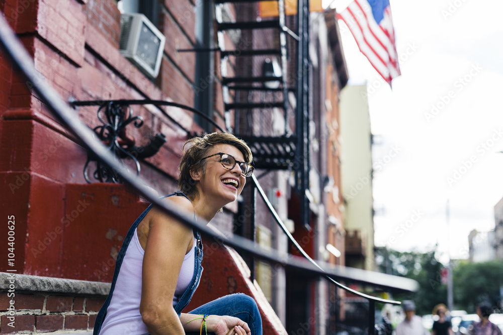 USA, New York City, Williamsburg, portrait of happy blond woman USA, New York City, Williamsburg, portrait of happy blond woman