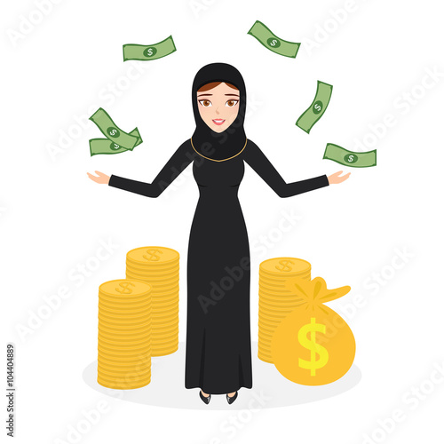 business arab woman happy with money. successful in job.