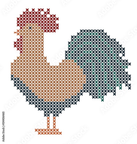 Cross stitch rooster, pixels, vector