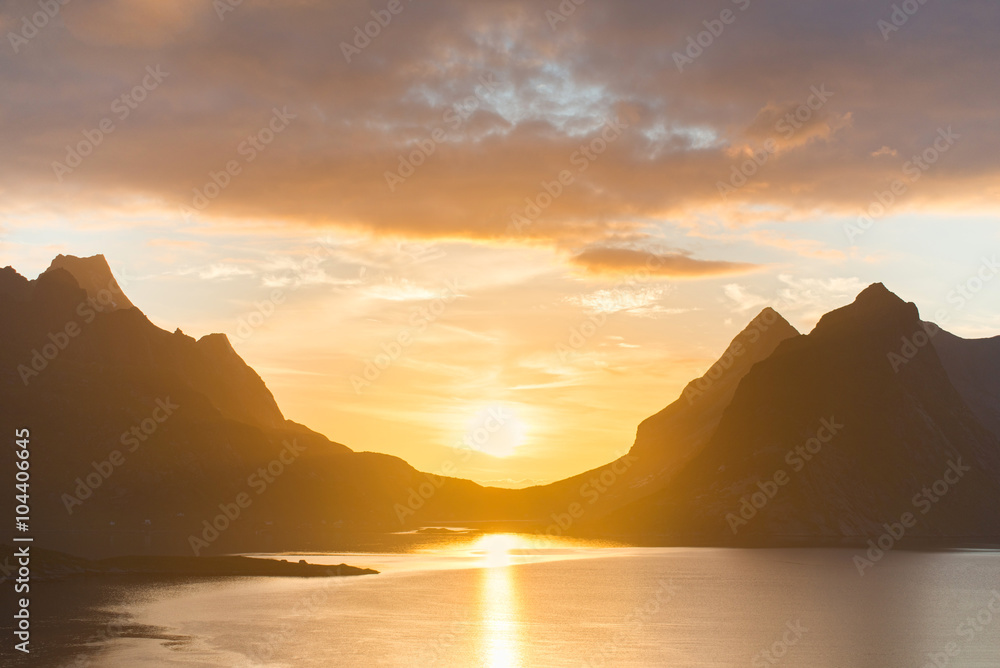 Beautiful sunset near the great mountains in lofoten islands, Kjerkfjorden