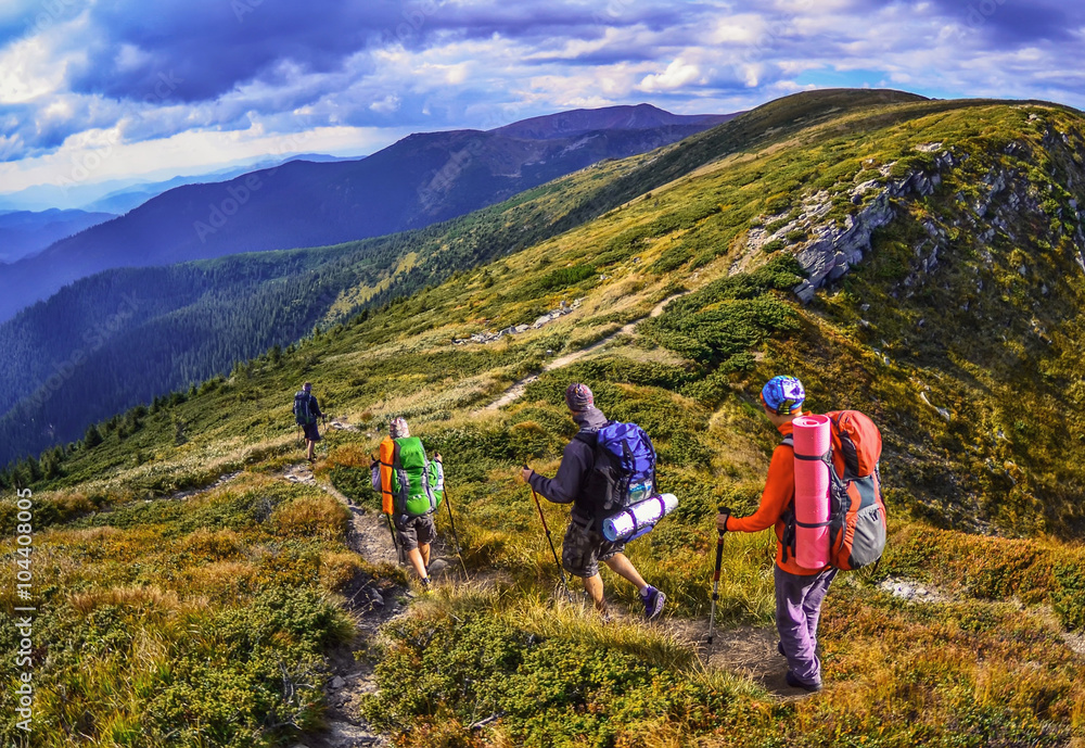 Group of hikers in the mountains, view of Carpathian mountains