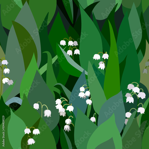 Seamless background from bunch of blossoming  lilies of the valley flowers and leaves