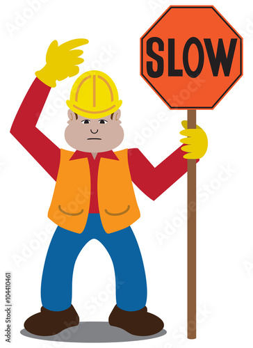 Cartoon Flagger pointing to a sign he is holding