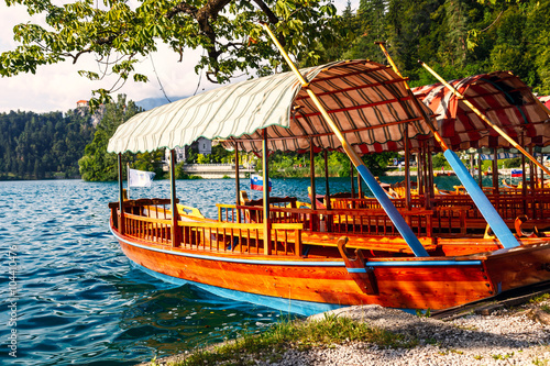 Traditional wooden boats Pletna on lake Bled