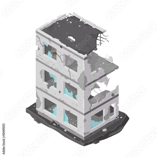 A vector illustration of a damaged building icon.
Isometric building destroyed by war or a natural disaster.