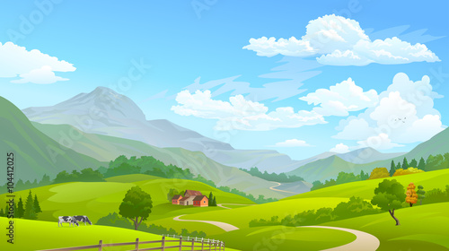 Cows grazing in green fields with huge mountains