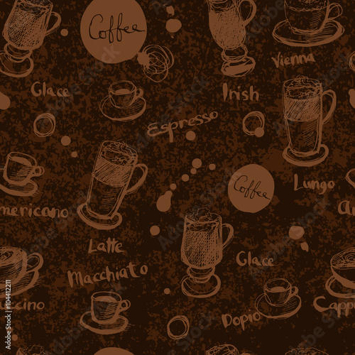 Vector seamless pattern with hand drawn coffee background. photo