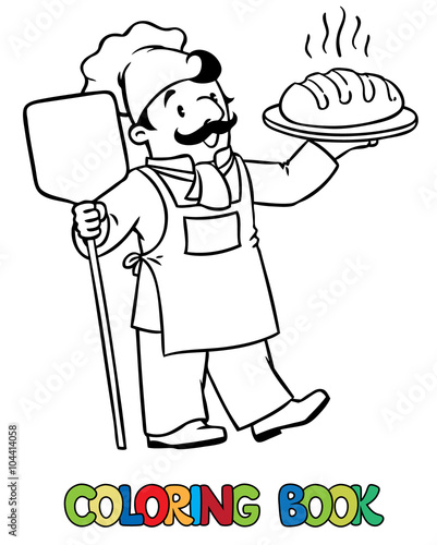Coloring book of funny cook or baker with bread 