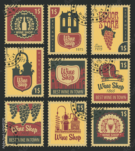 set of postal stamps on theme of wine and liquor