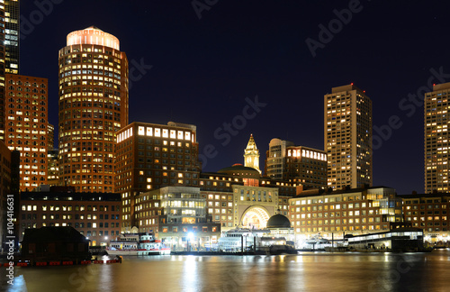 Boston Custom House, Rowes Wharf and Financial District skyline at night, Boston, Massachusetts, USA