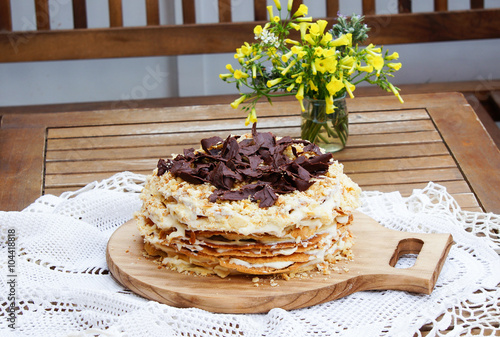 Canvas Print napoleon cake with chocolate flakes, many layers cake