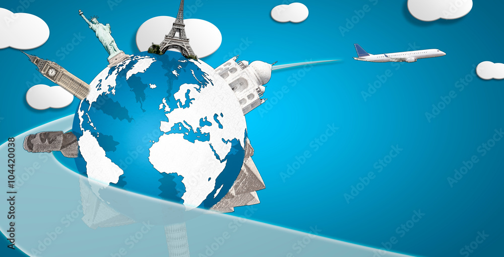 Fototapeta premium Globe with drawn monuments and plane horizontal composition