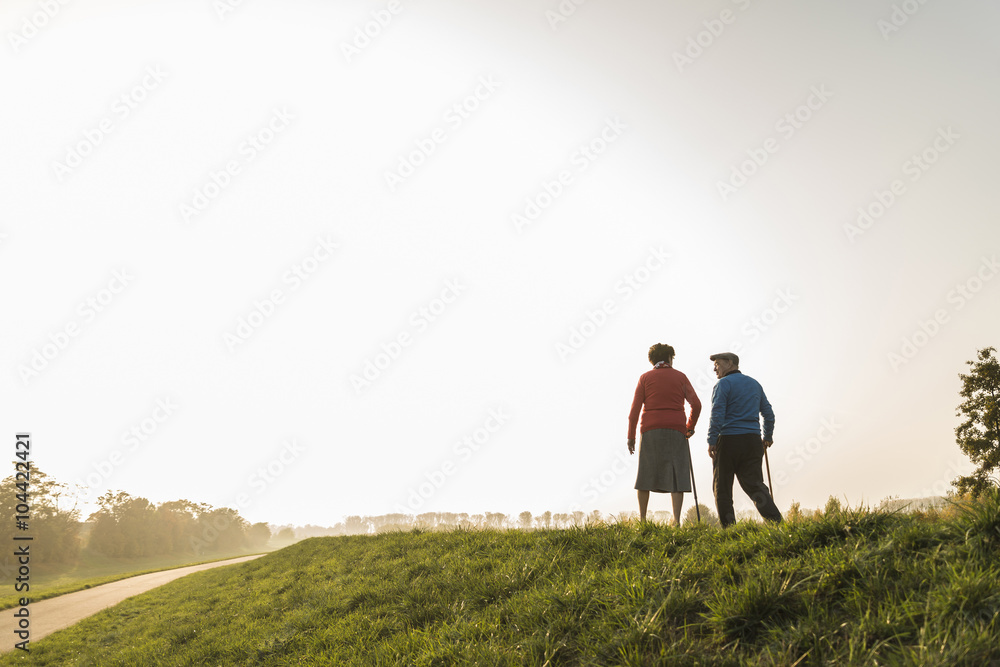 Senior couple walking with walking sticks in the nature Senior couple walking with walking sticks in the nature