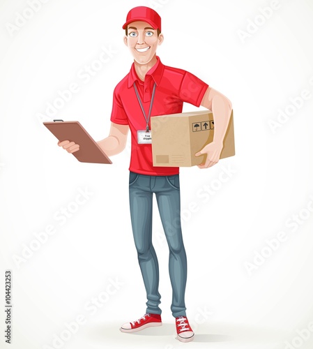 Young man courier delivery services of holding a large box and t