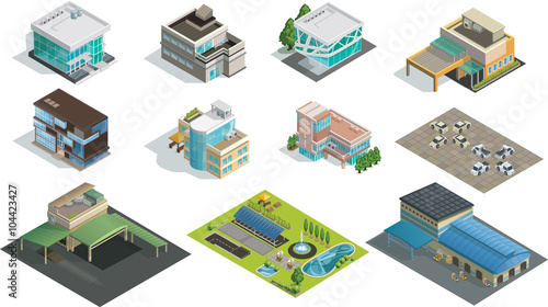 Vector isometric buildings, factory and garden